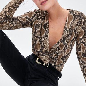 Zara Trafaluc Snakeskin Deep V-Neck Long Sleeve Bodysuit Medium